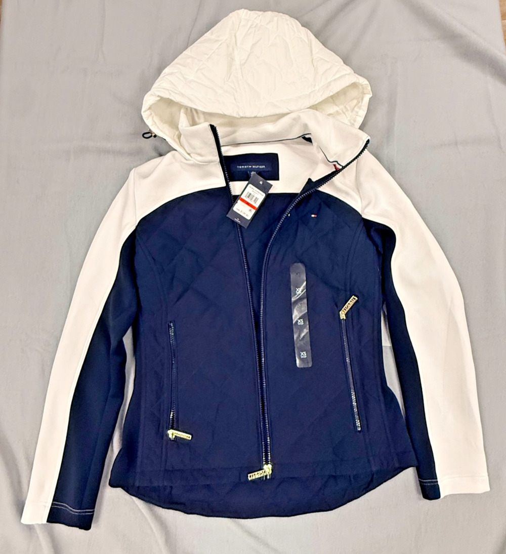 Tommy Hilfiger Womens XS Hooded Soft Shell Jacket Navy White NWT $139.50